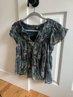 Free People Teal Blouse with Gold Print